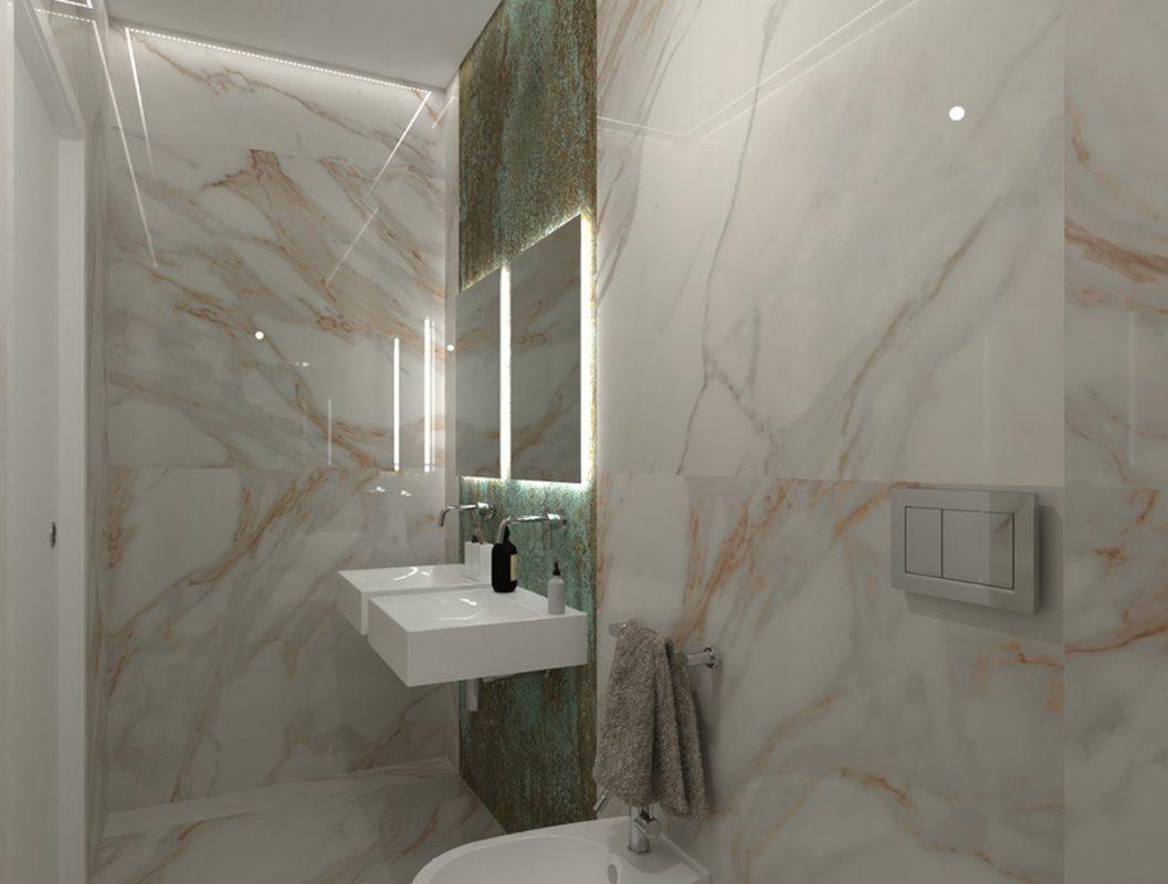 Baie moderna cu gresie portelanata Roma Gold si lastra ceramica oxide 120x278 cm FAP Ceramiche