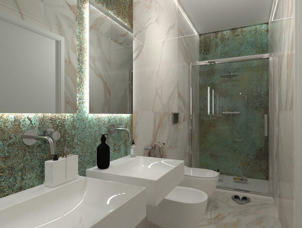 Amenajare Baieu gresie portelanata Roma Gold si lastra ceramica oxide 120x278 cm FAP Ceramiche