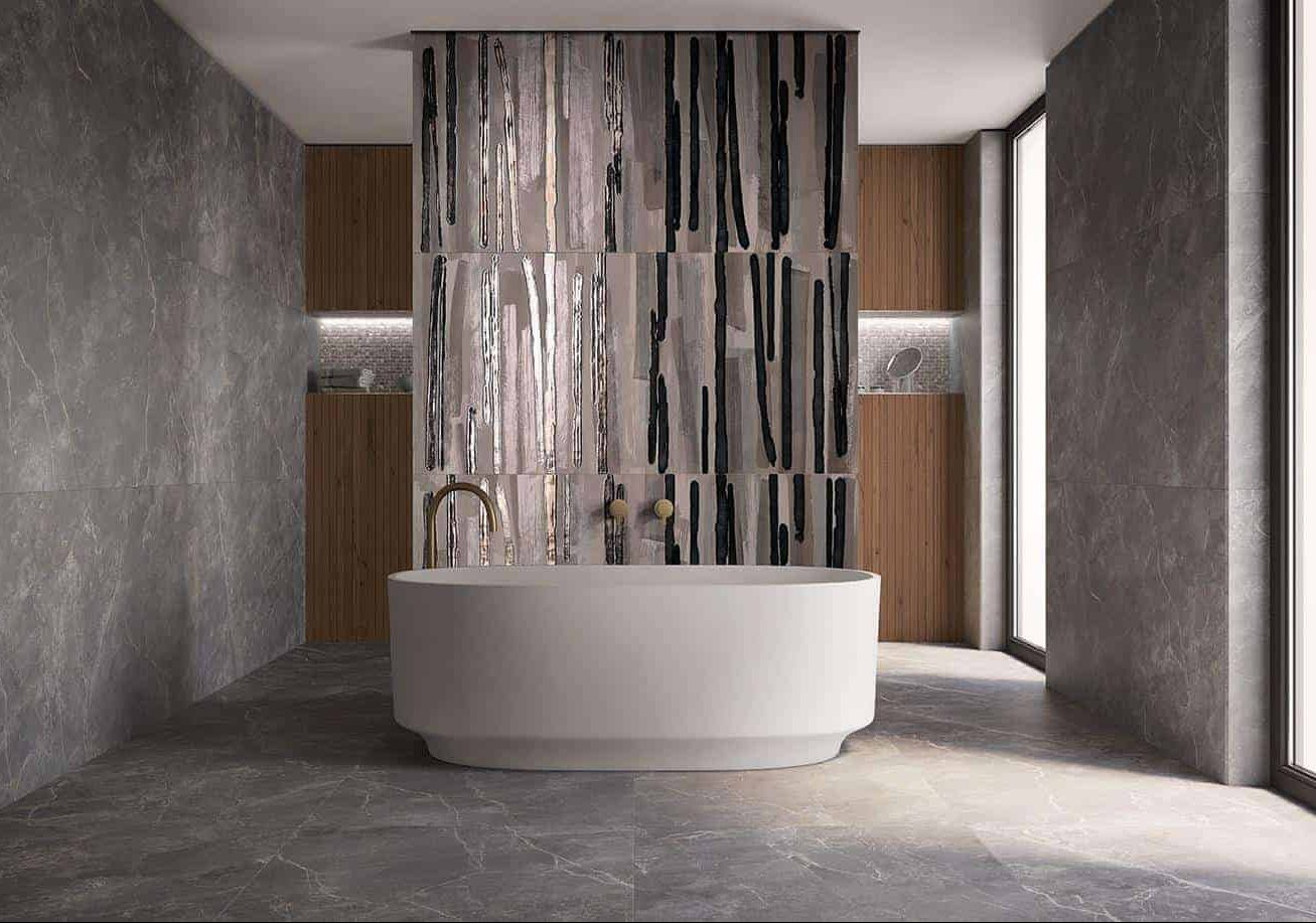 Baie moderna cu gresie tip marmura si faianta decorata fap roma stone
