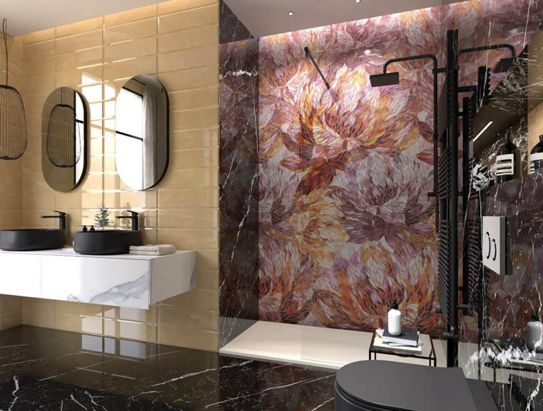 Amenajare Baie moderna cu lastra ceramica decorata faianta si gresie Roma GOLD