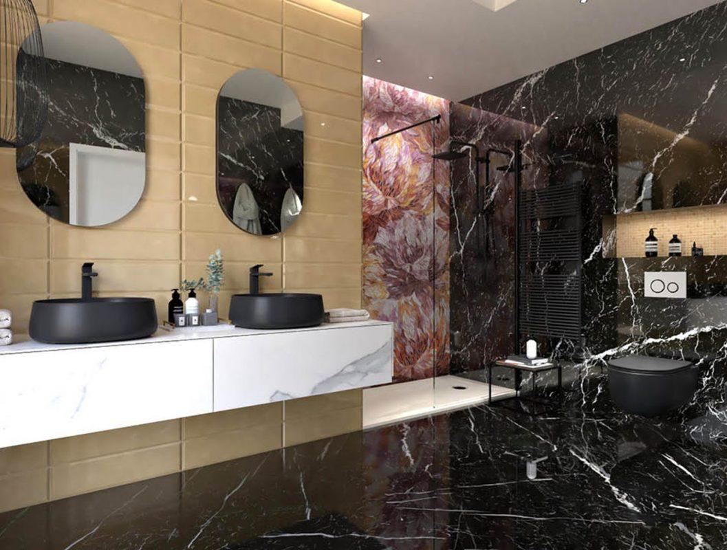 Baie moderna cu lastra ceramica decorata faianta si gresie Roma GOLD