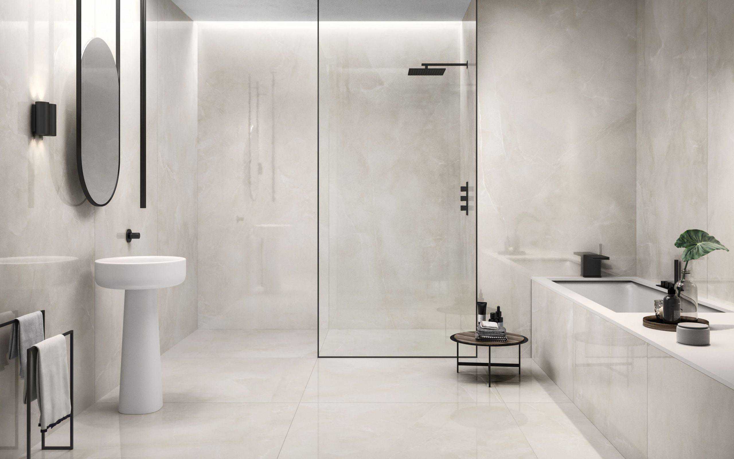 Baie amenajata cu gresie portelanata aspect marmura lucioasa Purity of Marble Onyx 120x120 RT grosime 9mm 120x278 RT grosime 6mm