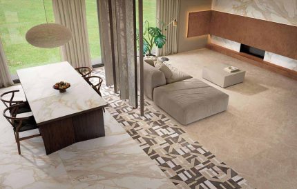 Living cu gresie tip marmura Roma Stone