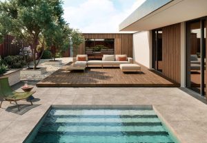 Terasa exterior cu gresie portelanata tip parchet NordicWood Walnut