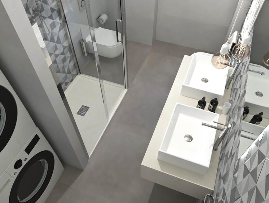 Baie moderna cu gresie Milano si-decor faianta geometric