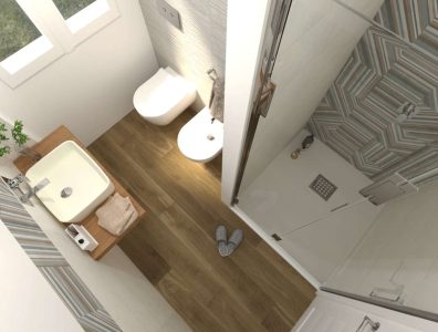 Baie dimensiuni reduse cu faianta 25x75 cm decor faianta 25x75 cm si gresie tip parchet 20x120 cm Fap Ceramiche