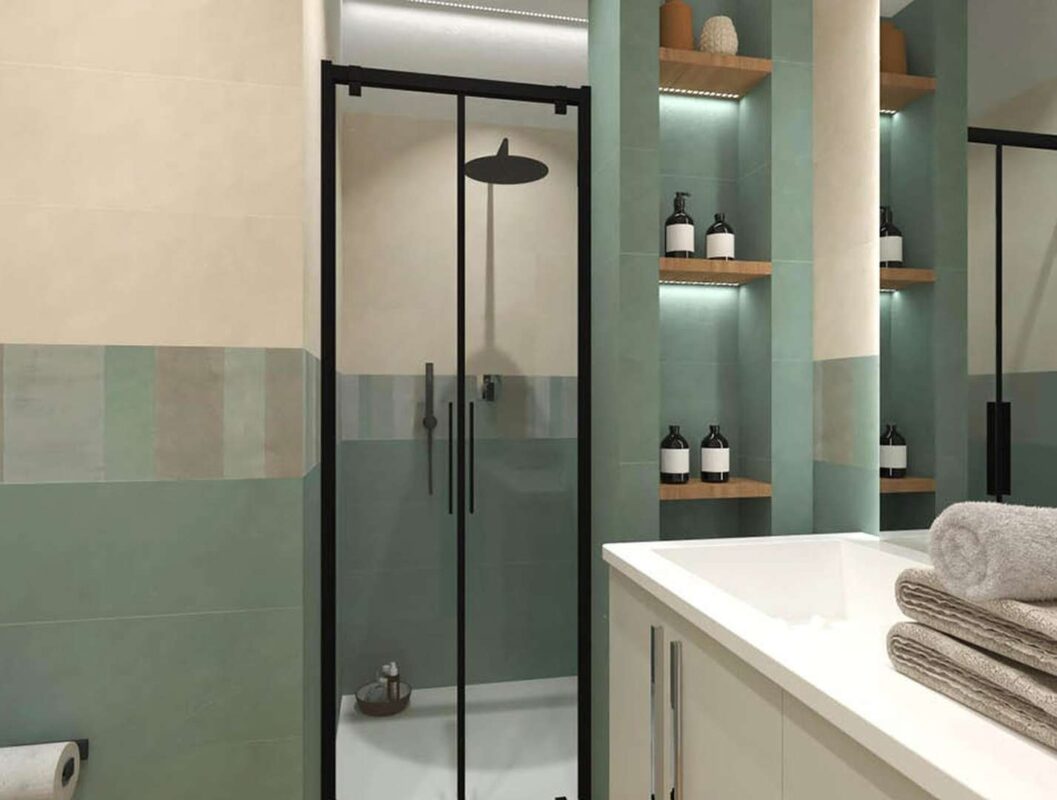 Baie moderna mica cu gresie tip parchet si faianta colorata 25x75 Colorline