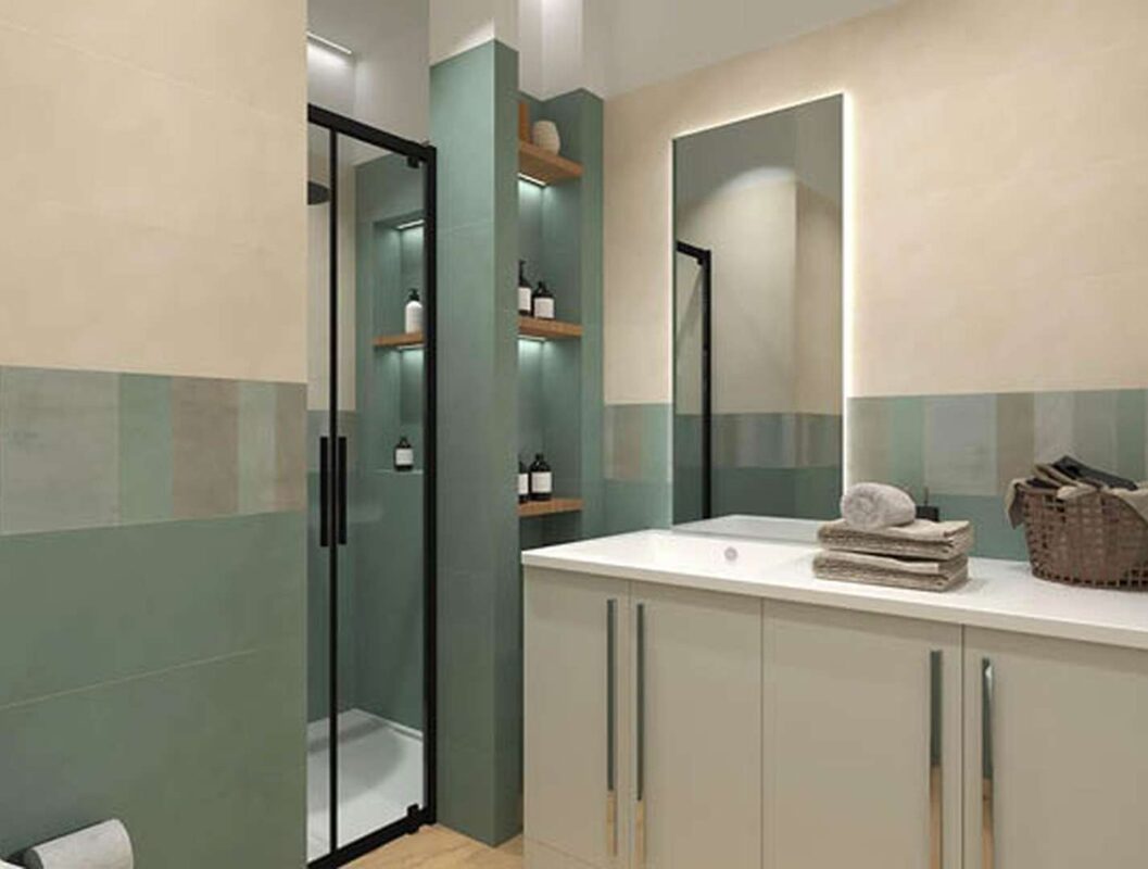 Baie cu gresie tip parchet si faianta colorata 25x75 Colorline