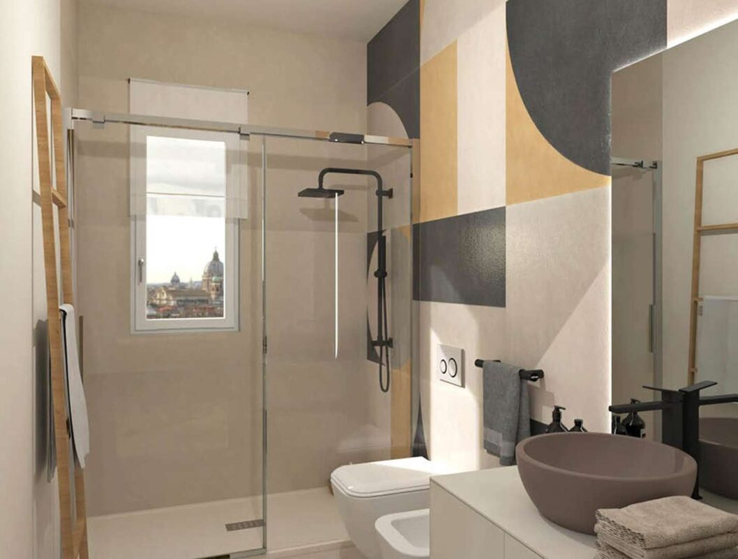Baie mica gresie Italia mata si faianta decorata geometric