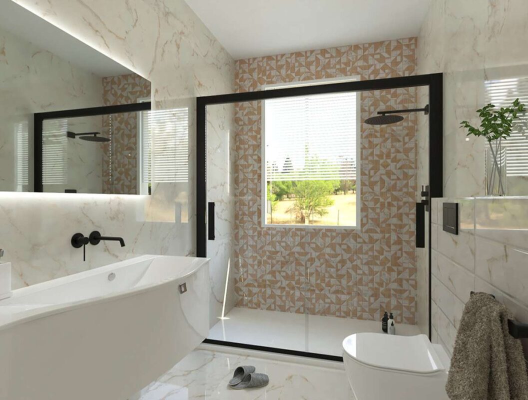 Baie moderna cu gresie si faianta Roma Calacatta Delicato FAP Ceramiche