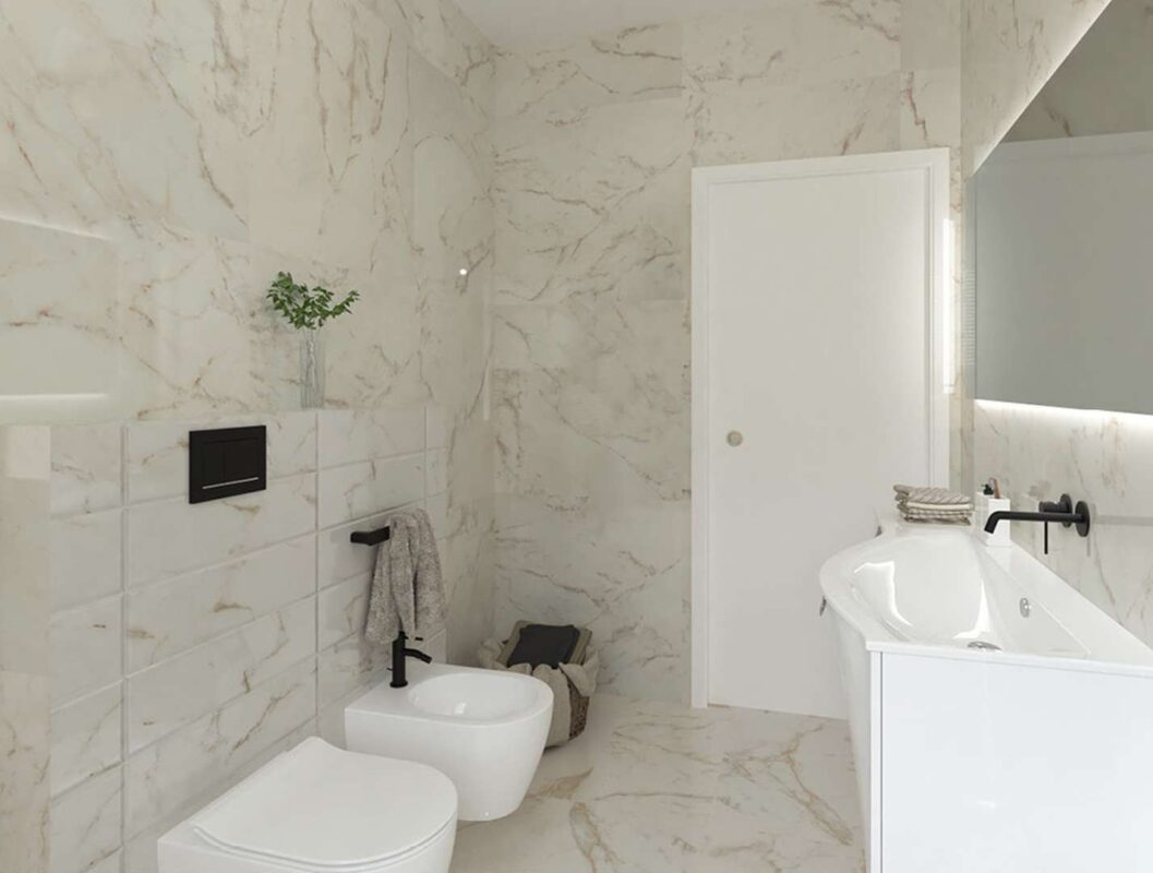 Baie design modern cu gresie si faianta Roma Calacatta Delicato FAP