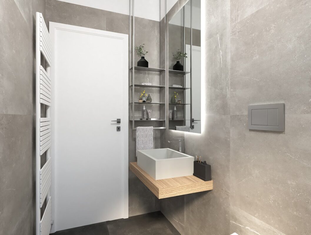 Baie mica moderna cu gresie Maku gri FAP Ceramiche