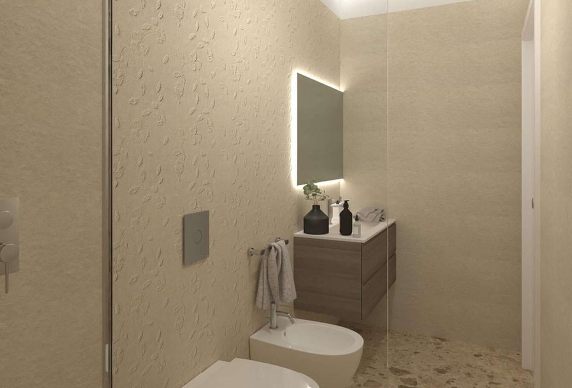 Baie moderna cu gresie Nativa si faianta Lumina stone 30.5x91.5 cm FAP Ceramiche
