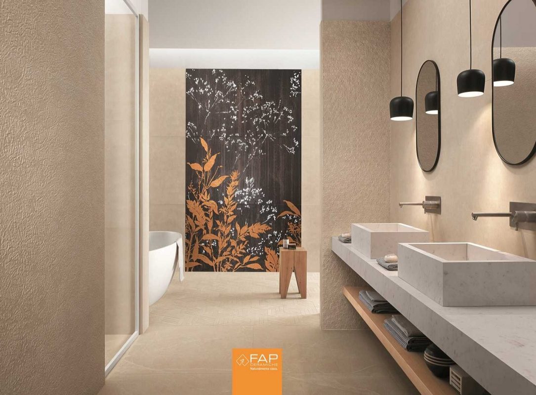Baie amenajata cu gresie si faianta Fap bloom decor Flower si mozaic ceramic hexagonal