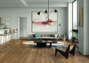 Amenajare living modern cu gresie tip parchet Journey Keope Ceramiche