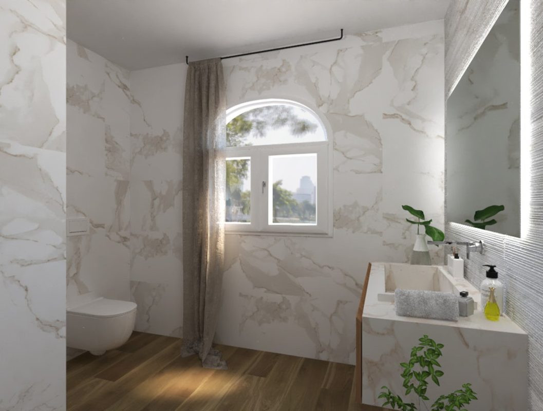 Amenajare Baie cu faianta tip marmura Roma Calacatta Mat 50x120 cm si gresie tip parchet ceramic Nest Oak 20x120 cm FAP Ceramiche