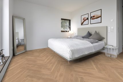 Parchet Stratificat Herringbone Stejar Ameland amenajare pardoseala dormitor modern