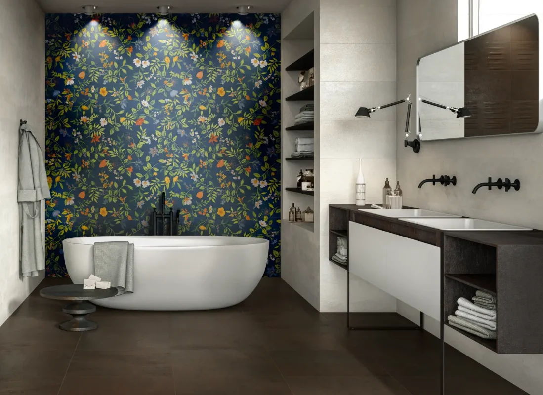 Baie-moderna-cu-gresie-decorata-Wonderspace-si gresie-forge-Gada-Ceramic