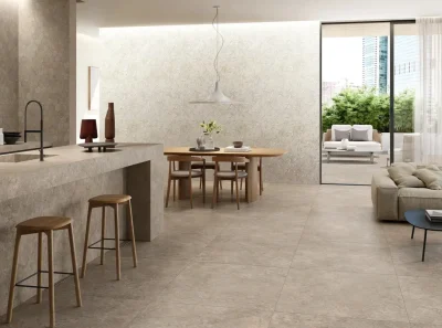 Open-space-bucatarie-cu-gresie-portelanata-si-decor-Novabell_Landstone_RawWhite_100x100_60x120_Taupe_100x100_60x120_cm-Gada-Ceramic