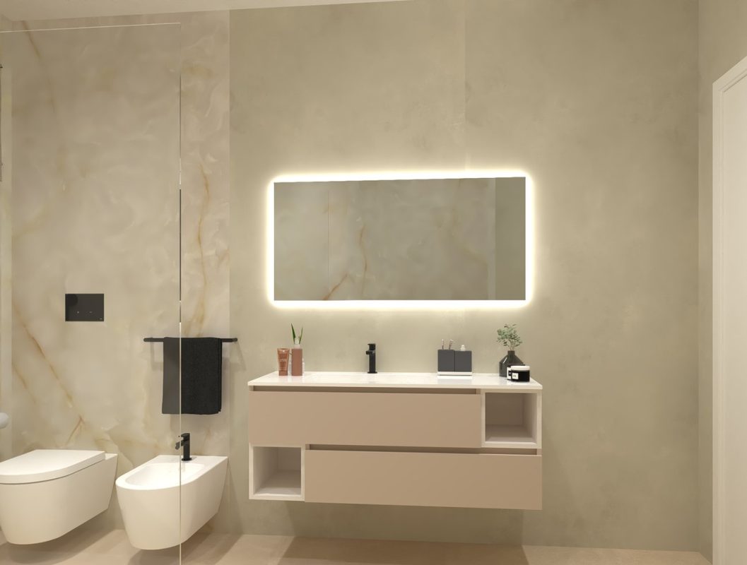 Baie-amenajata-cu-gresie-portelanata-si-faianta-bej-Gemme-2024-FAP-Ceramiche-Gada-Ceramic