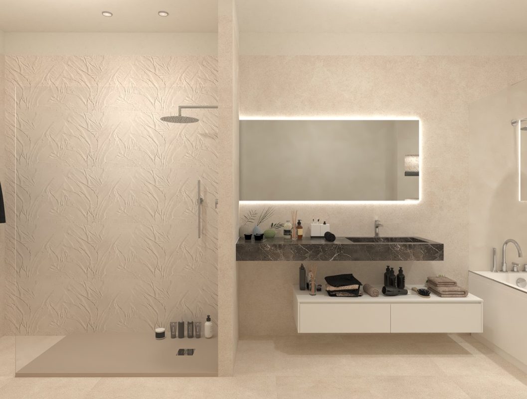 Baie-cu-modele-de-gresie-si-faianta-culoarea-bej-colectie Nobu-FAP-ceramiche-Italia