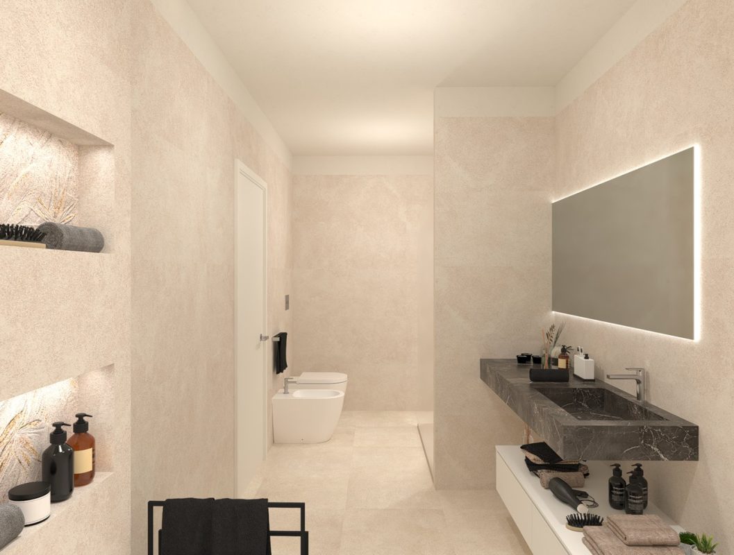 Baie-cu-modele-de-gresie-si-faianta-culoarea-bej-colectie Nobu-FAP-ceramiche-Italia-magazin-Gada-Bucuresti