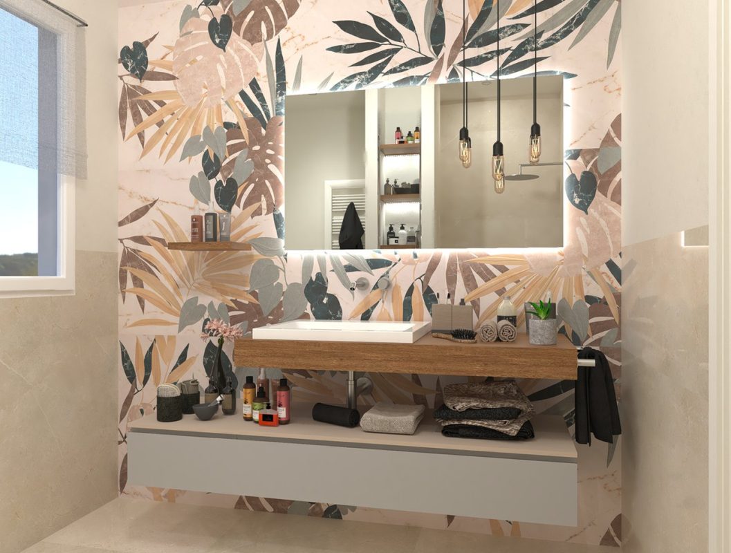 Baie-moderna-cu-faianta-decorata-floral-si-gresie-beige-FAp-Ceramiche-Gada-Ceramic