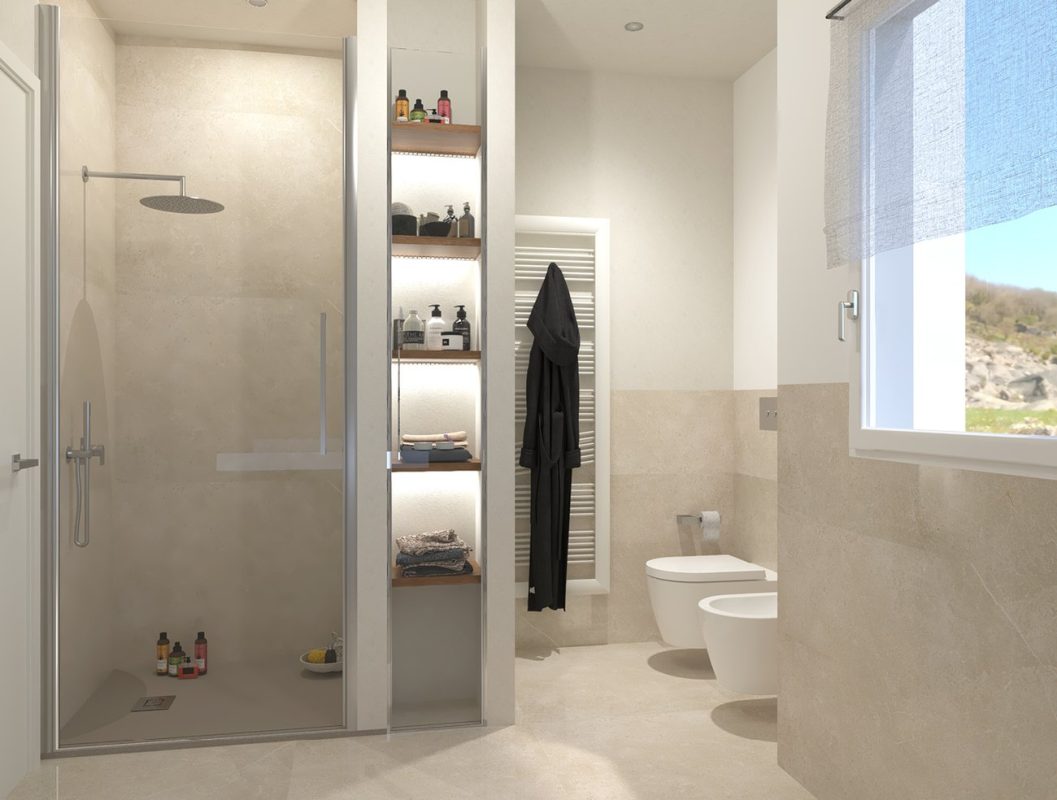 Baie-moderna-cu-faianta-decorata-floral-si-gresie-beige-FAp-Ceramiche-Gada-Ceramic-showroom-bucuresti