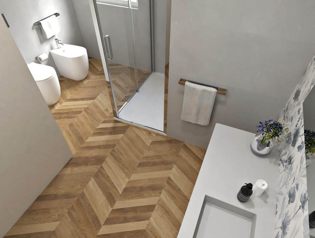 Baie-moderna-cu-faianta-decorata-flower-si-gresie-tip-parchet-chevron-FAP-gada-Ceramic3