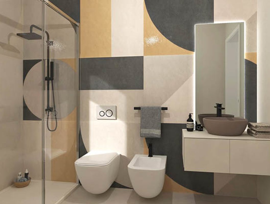 Baie-moderna-cu-faianta-decorata-geometric+gresie-portelanata-bej-FAP-Gada-ceramic