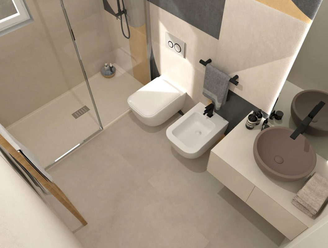 Baie-moderna-cu-faianta-decorata-geometric+gresie-portelanata-bej-FAP-Gada-ceramic-showroom