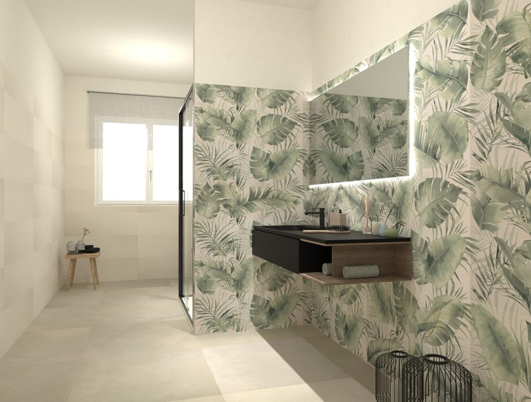 Baie-moderna-cu-faianta-simpla-bej-si-faianta-decorata-tropical-FAP_Gada-ceramic