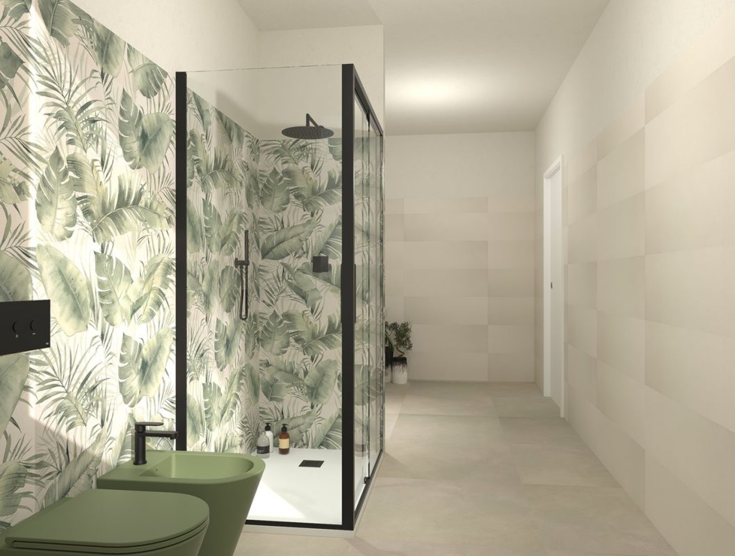 Baie-moderna-cu-faianta-simpla-bej-si-faianta-decorata-tropical-FAP_Gada-ceramic-Bucuresti