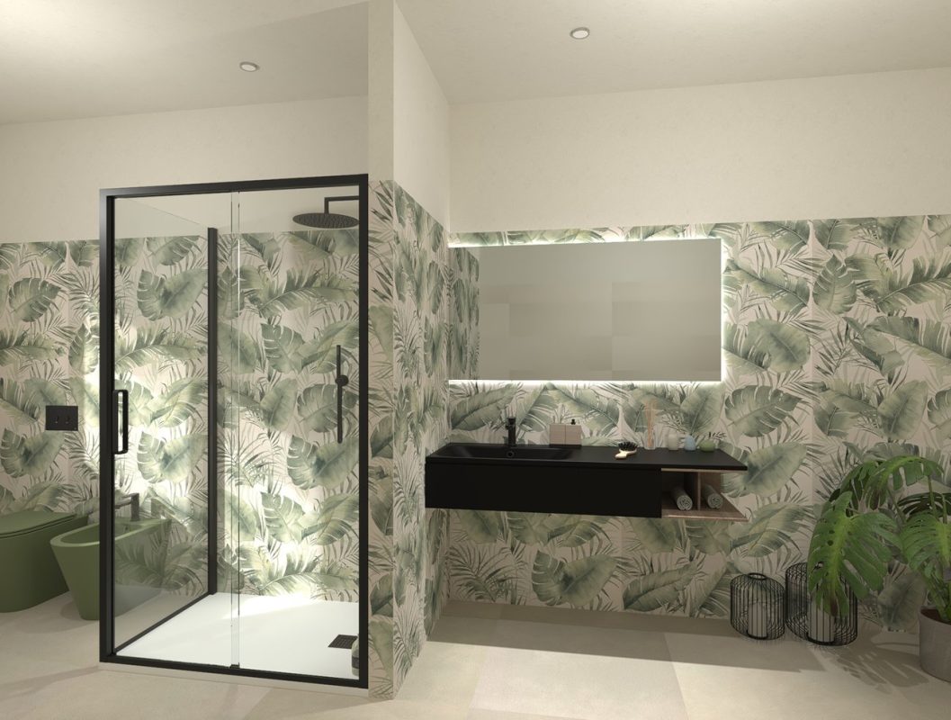 Baie-moderna-cu-faianta-simpla-bej-si-faianta-decorata-tropical-FAP_Italia-magazin-Gada