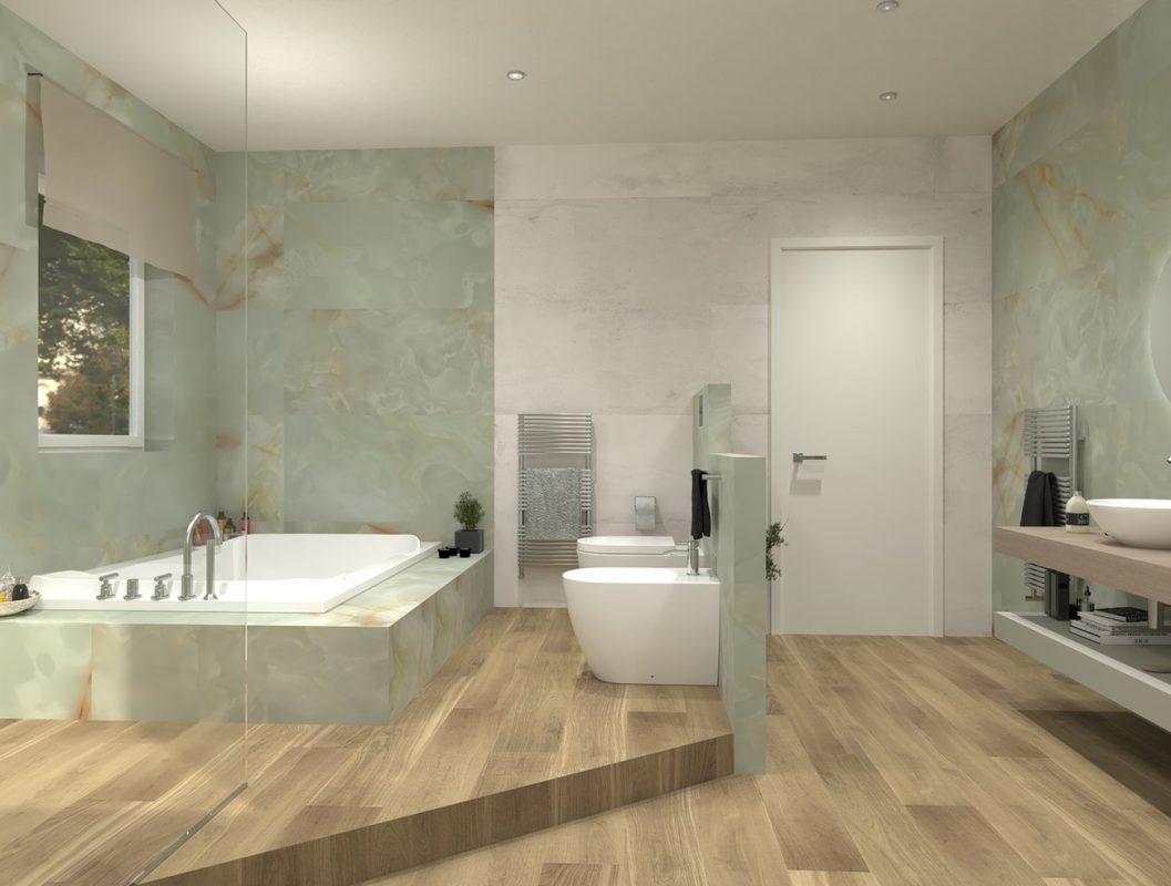Baie-moderna-cu-faianta-tip-onix-verde-si-gresie-aspect-lemn-FAP-Gada-Ceramic