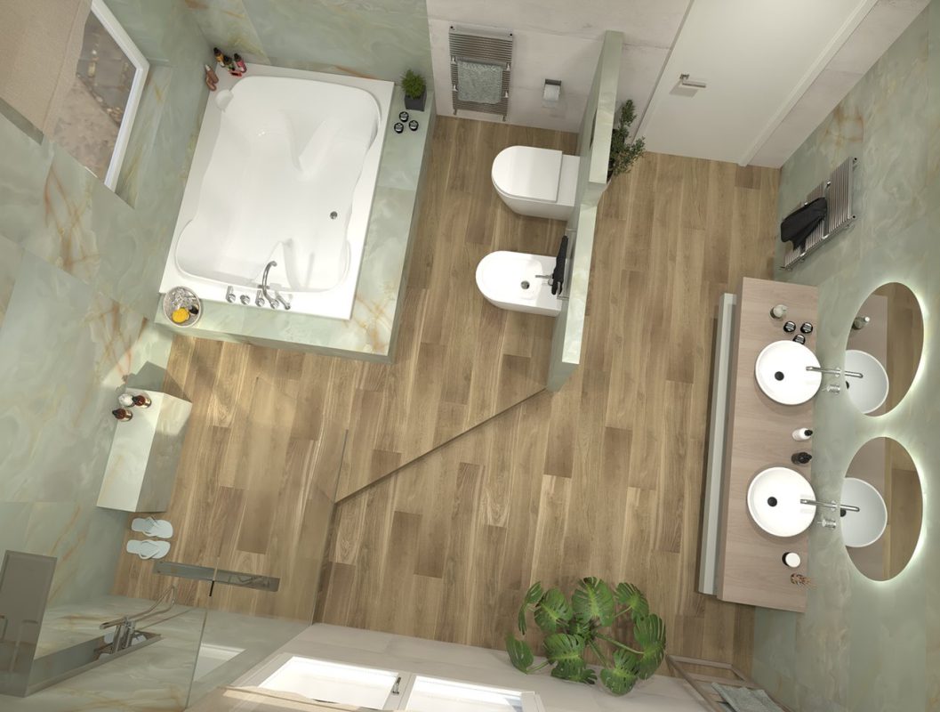 Baie-moderna-cu-faianta-tip-onix-verde-si-gresie-aspect-lemn-FAP-Gada-Ceramic-detaliu-pardoseala