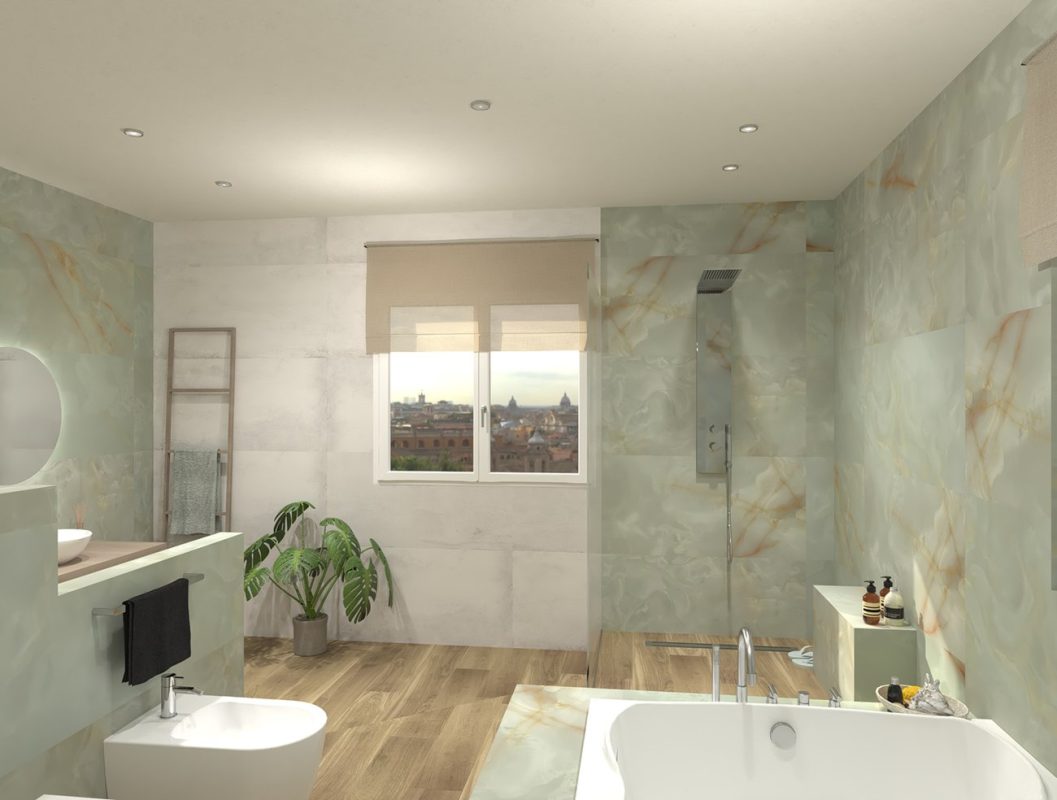 Baie-moderna-cu-faianta-tip-onix-verde-si-gresie-portelanata-aspect-lemn-FAP-Gada-Ceramic