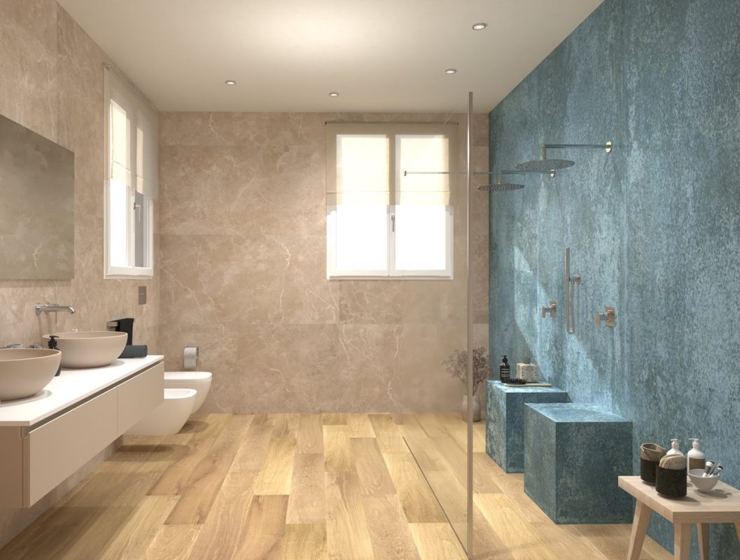 Baie-moderna-cu-gresie-aspect-lemn-si-faianta-decorata-metal-look-FAP-Gada-Ceramic