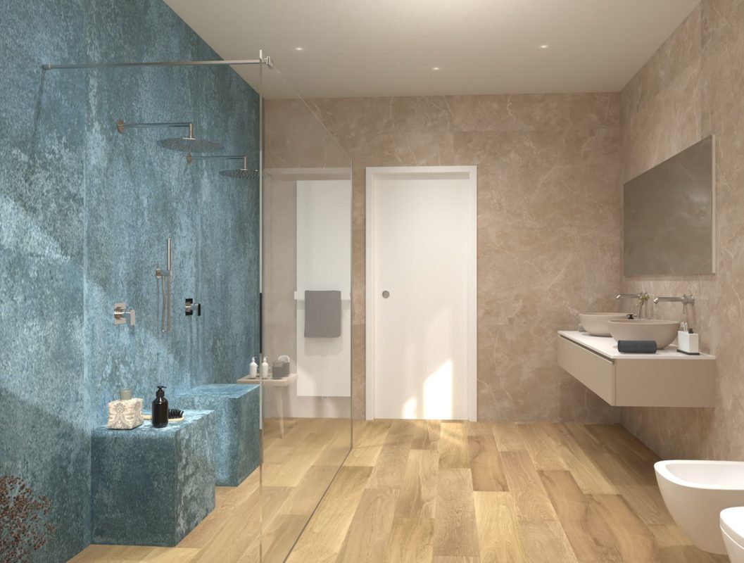 Baie-moderna-cu-gresie-aspect-lemn-si-faianta-decorata-metal-look-FAP-Gada-Ceramic-showroom-bucuresti