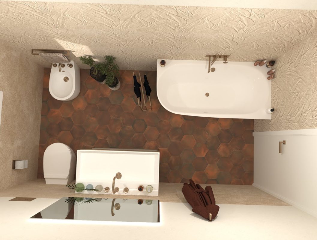 Baie-moderna-cu-gresie-hexagonala-si-faianta-decorata-bej-FAP-Gada-Ceramic-magazin-Bucuresti
