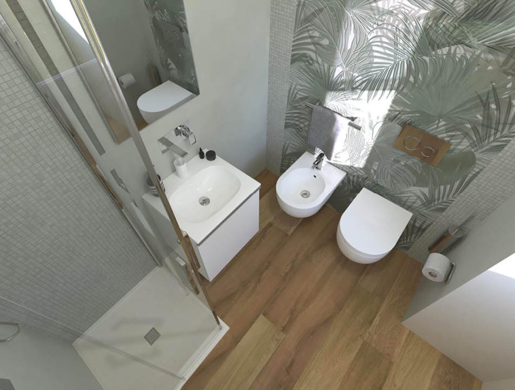 Baie-moderna-cu-gresie-portelanata-tip-parchet-si-decor-mozaiv-verde-FAP-Gada-Ceramic