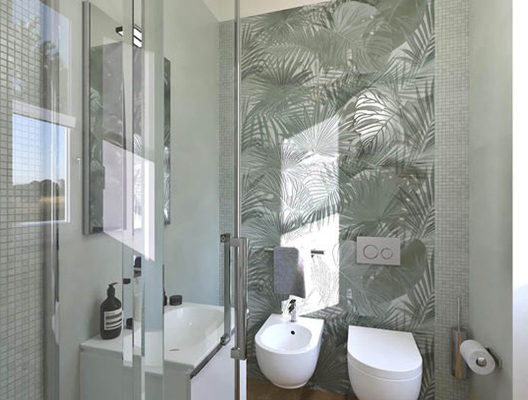 Baie-moderna-cu-gresie-portelanata-tip-parchet-si-decor-mozaiv-verde-FAP-Gada-Ceramic-Bucuresti