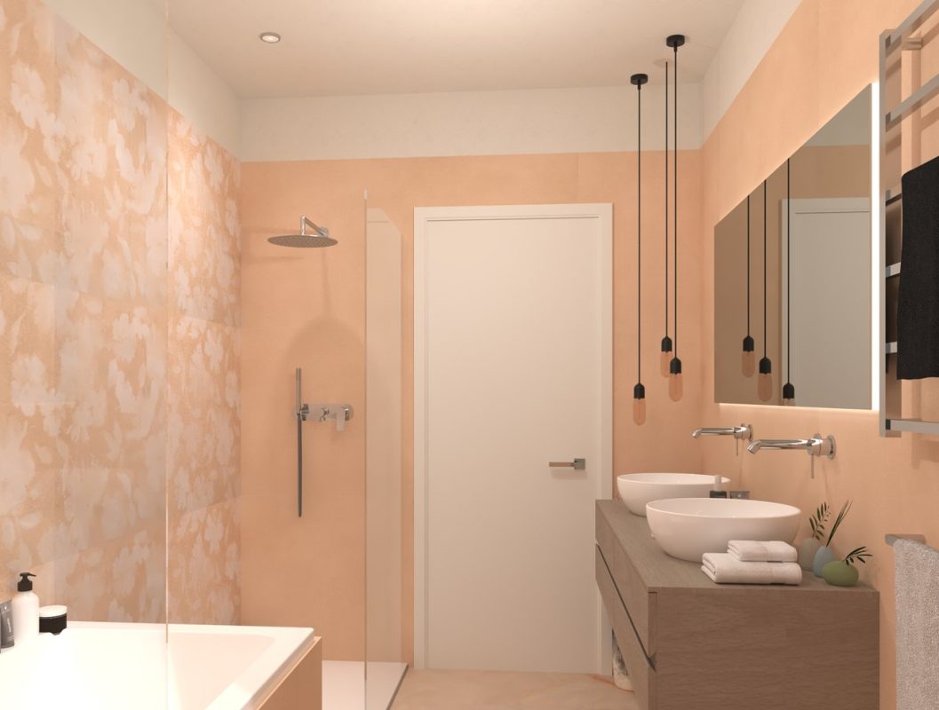 Baie-moderna-cu-gresie-si-faianta-Color-Mood-si gresie -Gemme-Rosa-Gada-Ceramic