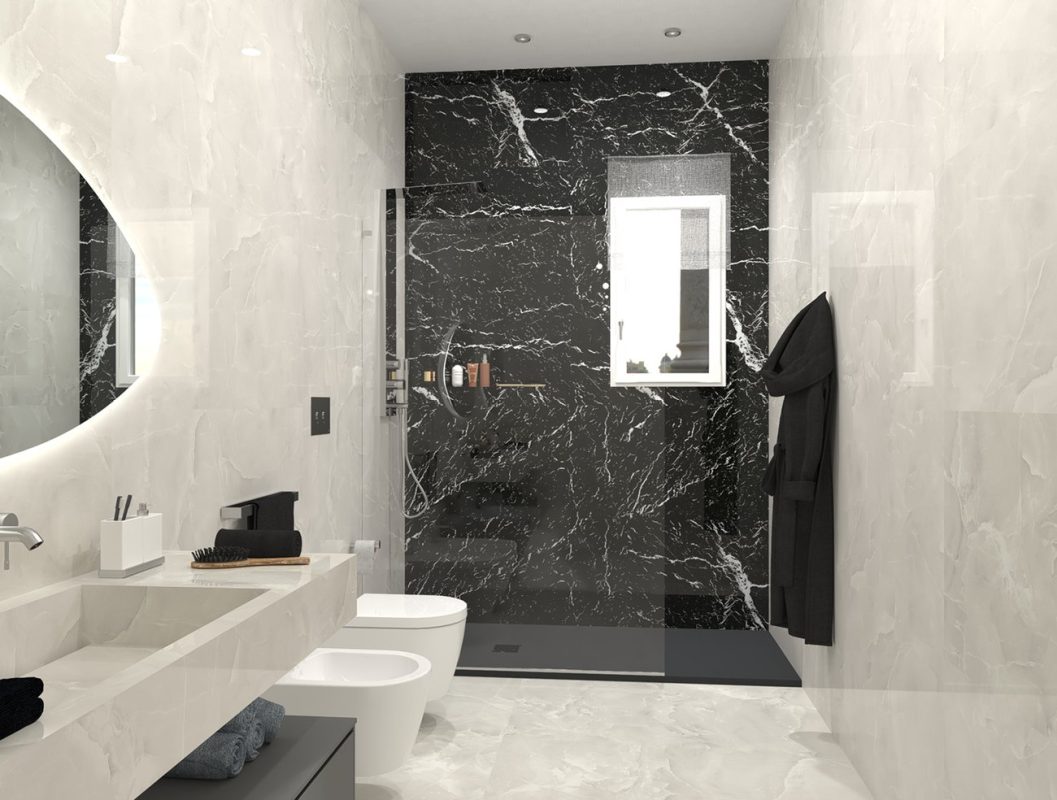 Baie-moderna-cu-gresie-si-faianta-tip-onix-alb-si-negru-FAP-Gada-ceramic-showroom