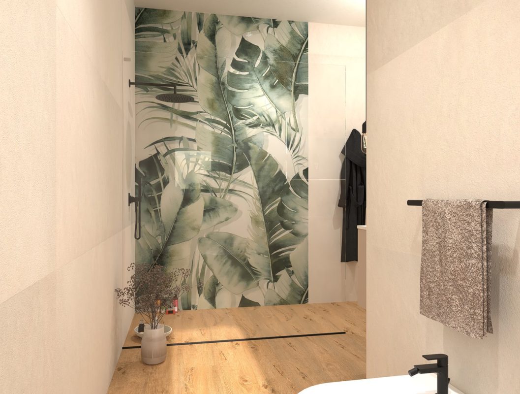 Baie-moderna-cu-gresie-tip-parchet-si-faianta-placi-mari-80x160cm+decor-Jungle-Gada_Ceramic-1
