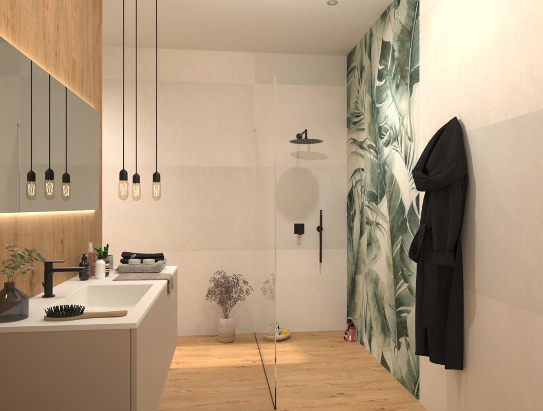 Baie-moderna-cu-gresie-tip-parchet-si-faianta-placi-mari-80x160cm+decor-Jungle-Gada_Ceramic