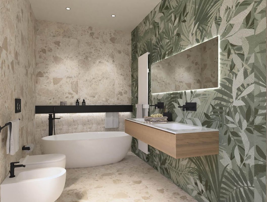 Baie-moderna-cu-gresie-tip-terrazzo-si-faianta-decorata-tropical