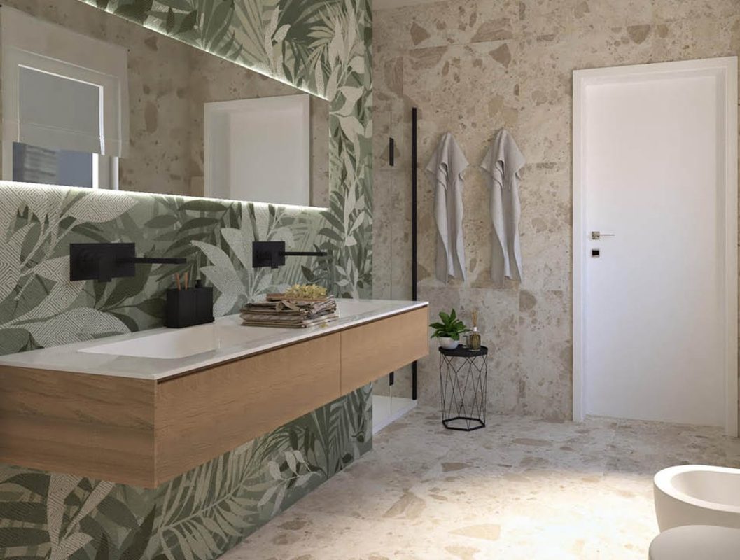 Baie-moderna-cu-gresie-tip-terrazzo-si-faianta-decorata-tropical -FAP
