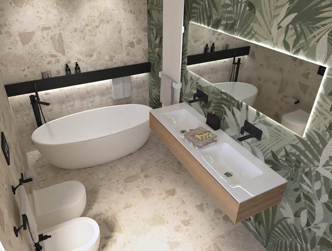 Baie-moderna-cu-gresie-tip-terrazzo-si-faianta-decorata-tropical - Gada-Ceramic