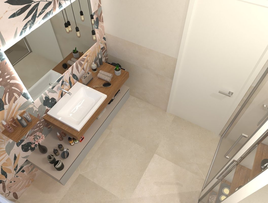 Detaliu-Baie-moderna-cu-faianta-decorata-floral-si-gresie-beige-FAp-Ceramiche-Gada-Ceramic